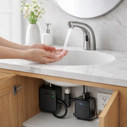 Residential bathroom touchless faucet with concealed power module