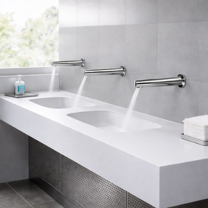 Public restroom lavatory with touchless faucets and durable fixtures