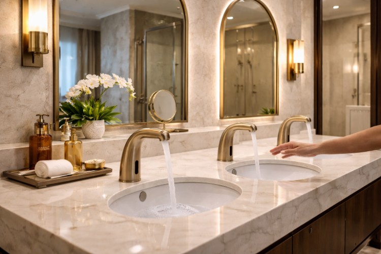 Boutique hotel bathroom with touchless faucets