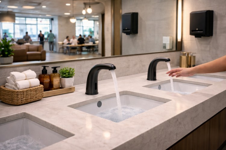 Co-working space bathroom with a touchless faucet