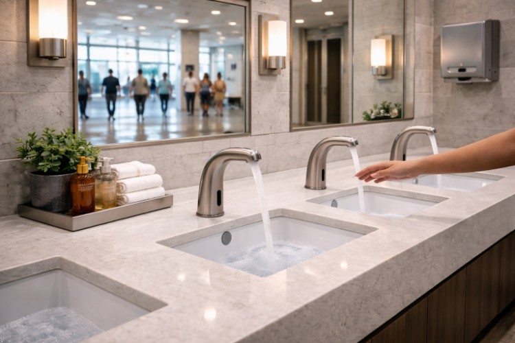 Convention center restroom with touchless faucets