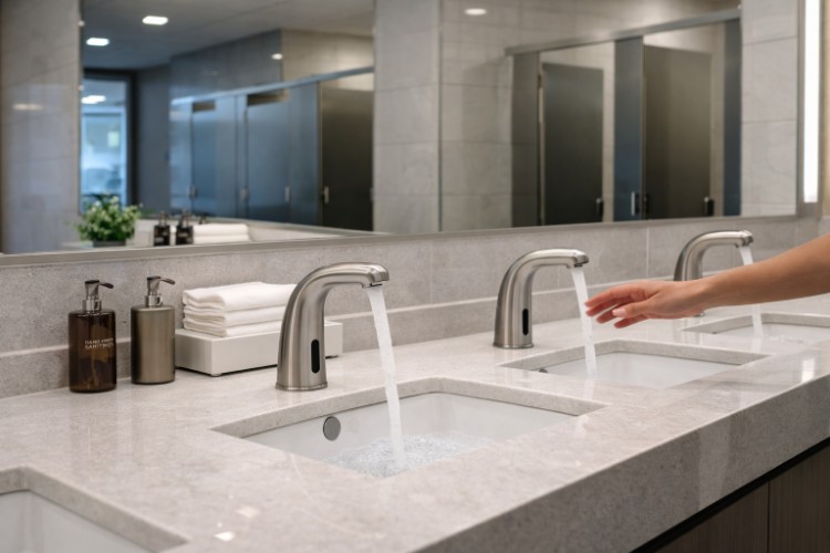 Office Bathroom at Corporate Office with Sensor Faucets
