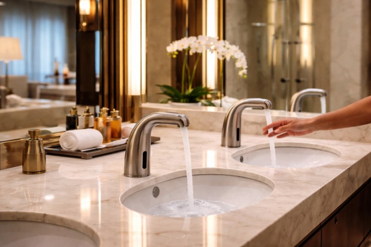 Luxury hotel restroom with touchless faucet