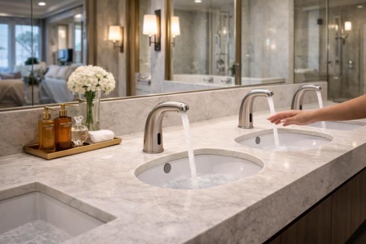 Luxury residential bathroom with touchless faucet