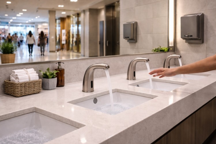 Shopping mall restroom with touchless faucets