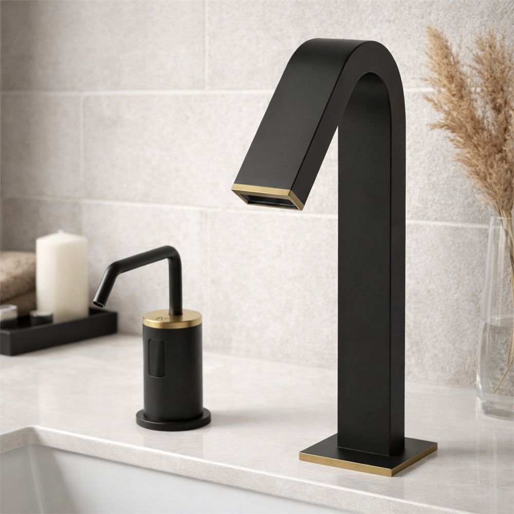 Maintenance technician servicing standardized touchless faucet components in a public building