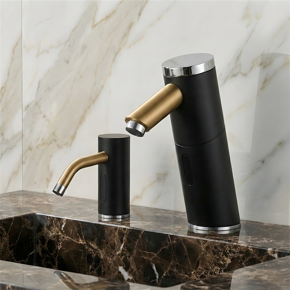 Municipal restroom renovation showing coordinated fixture finishes and touchless faucet upgrades