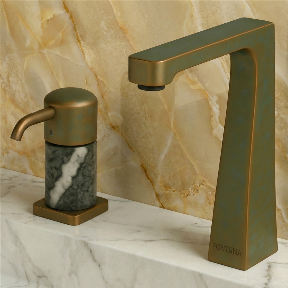 Public sector restroom project with coordinated touchless faucets and modern blue-accent design