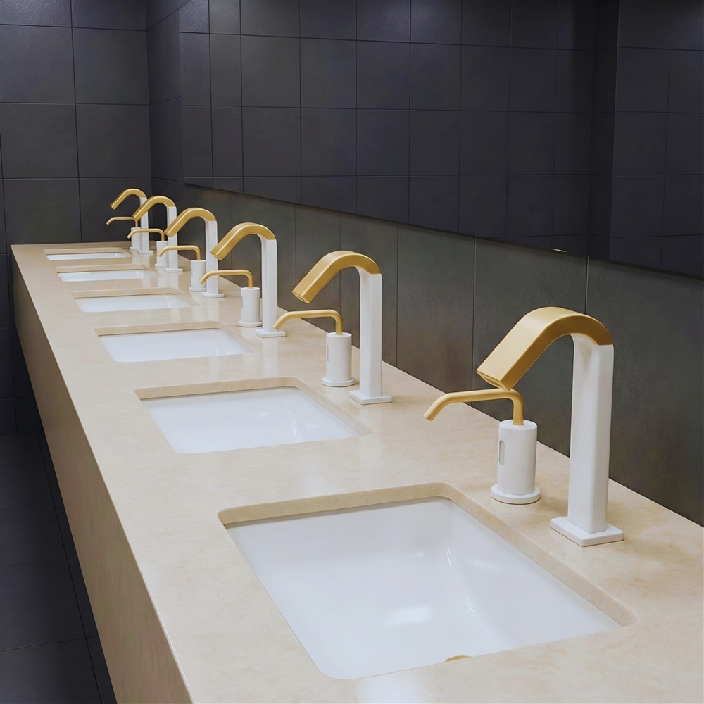 Touchless faucet installation in a government restroom with blue and white modern design