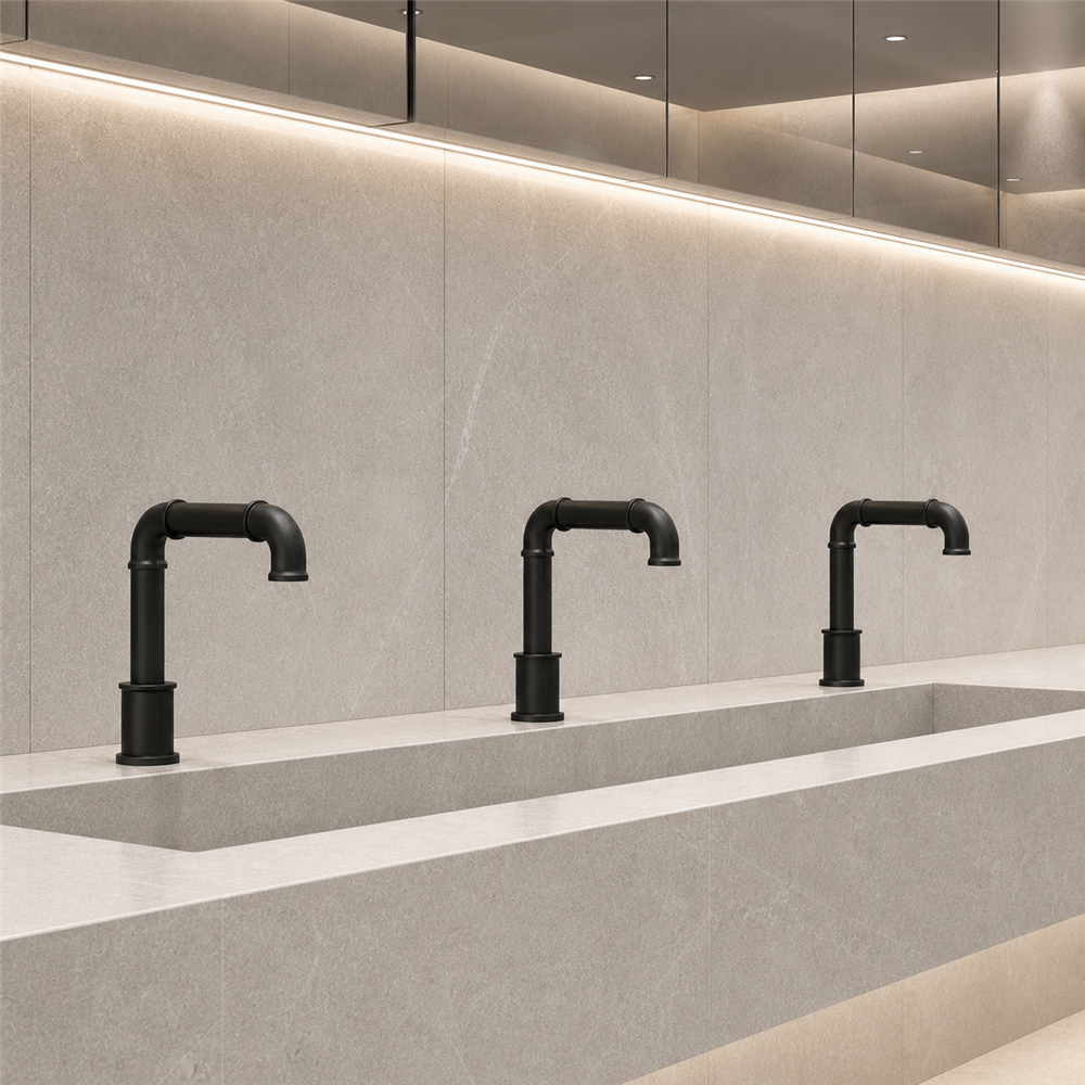 Hospital restroom touchless faucet and sink coordination for splash control and accessible use