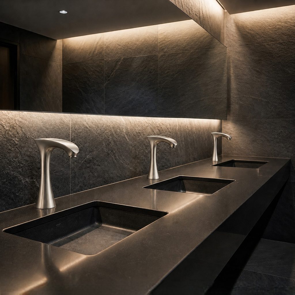 High-use transportation restroom fixture environment