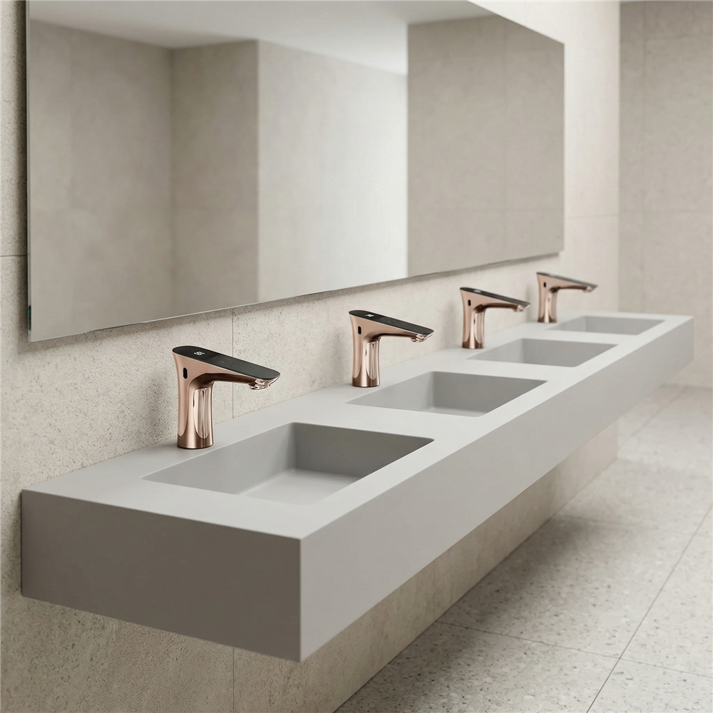 Commercial touchless faucet and coordinated washroom fixture