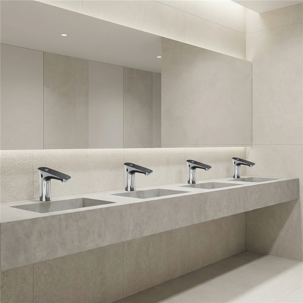 Commercial restroom fixture used for touchless faucet power planning