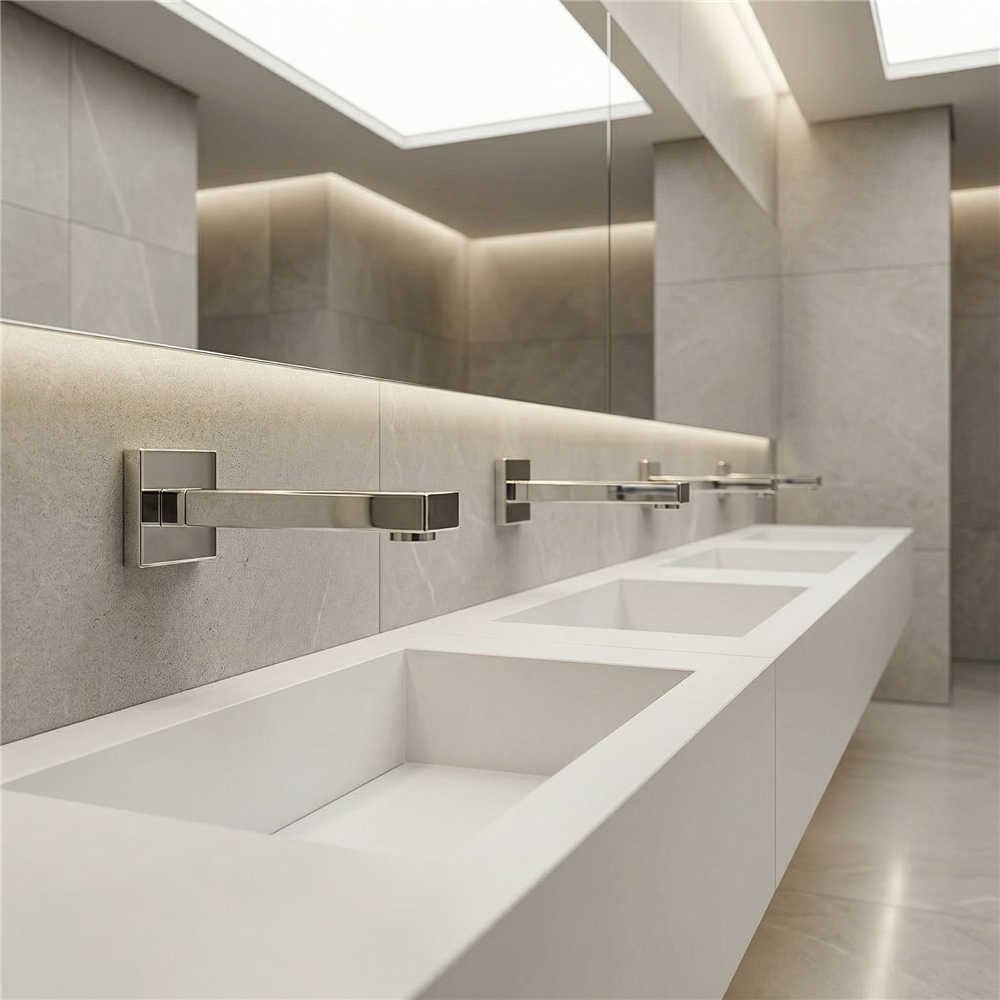 Row of commercial faucets coordinated with restroom basins