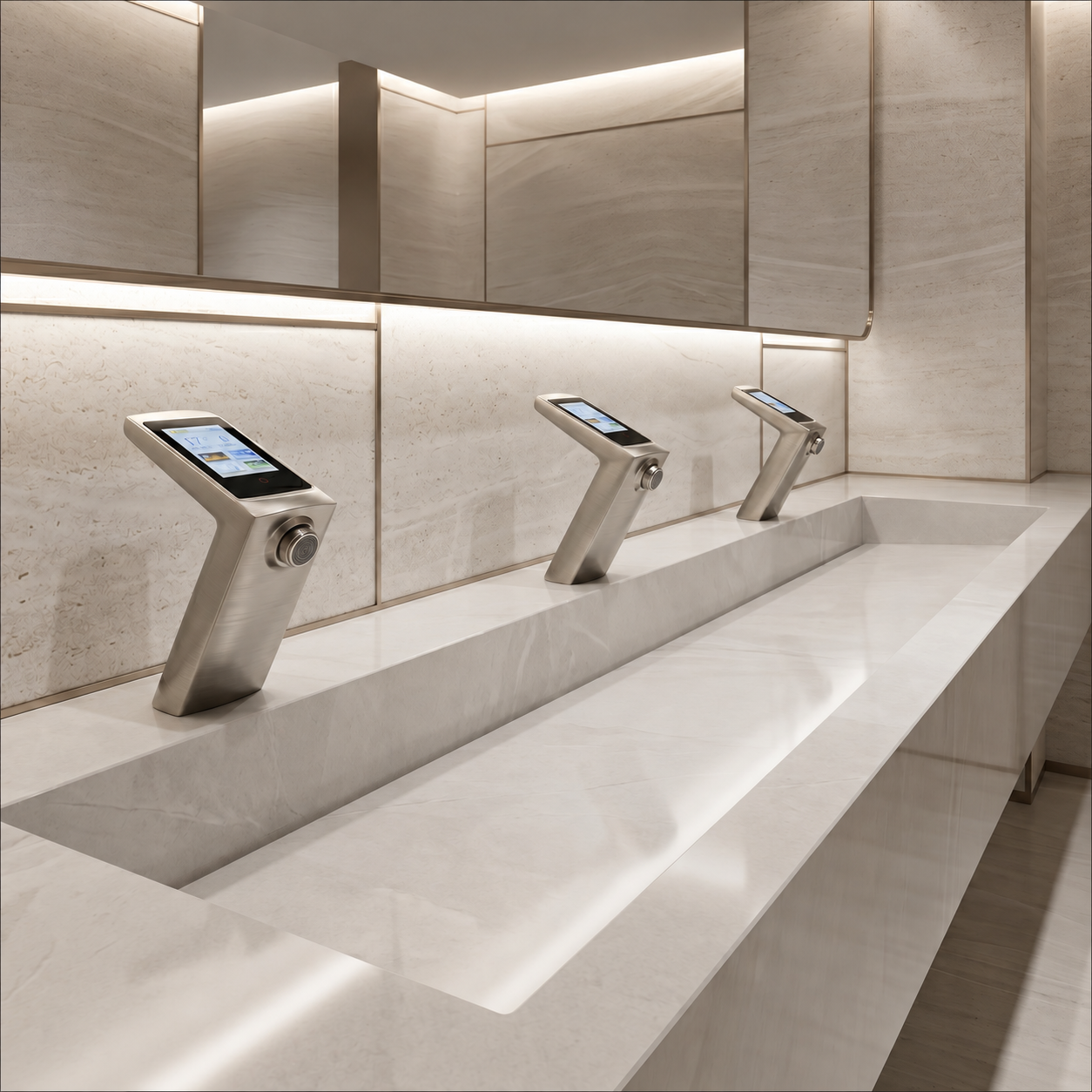Aircraft lavatory monument rendering with integrated touchless faucet